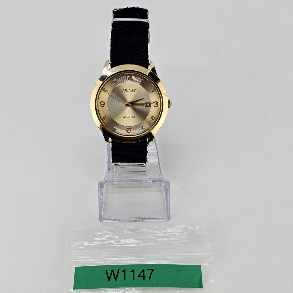 Embassy Men's Analog Watch 38MM Gold Dial Date NEW Black Canvas Band NEW Battery